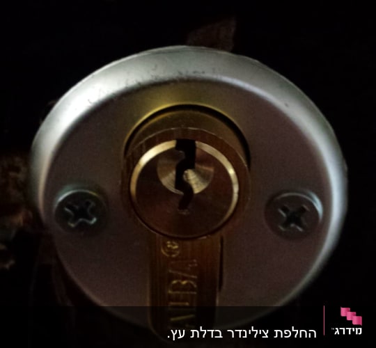 מנעול עגול עם ברגים על דלת כהה